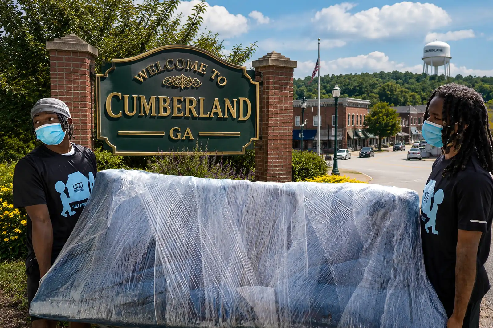 LIOO Moving local movers carrying a shrink-wrapped couch during a move in Cumberland, GA