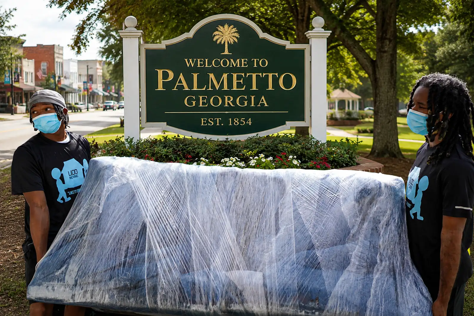 LIOO Moving crew wrapping and carrying a protected sofa during a residential move in Palmetto, Georgia