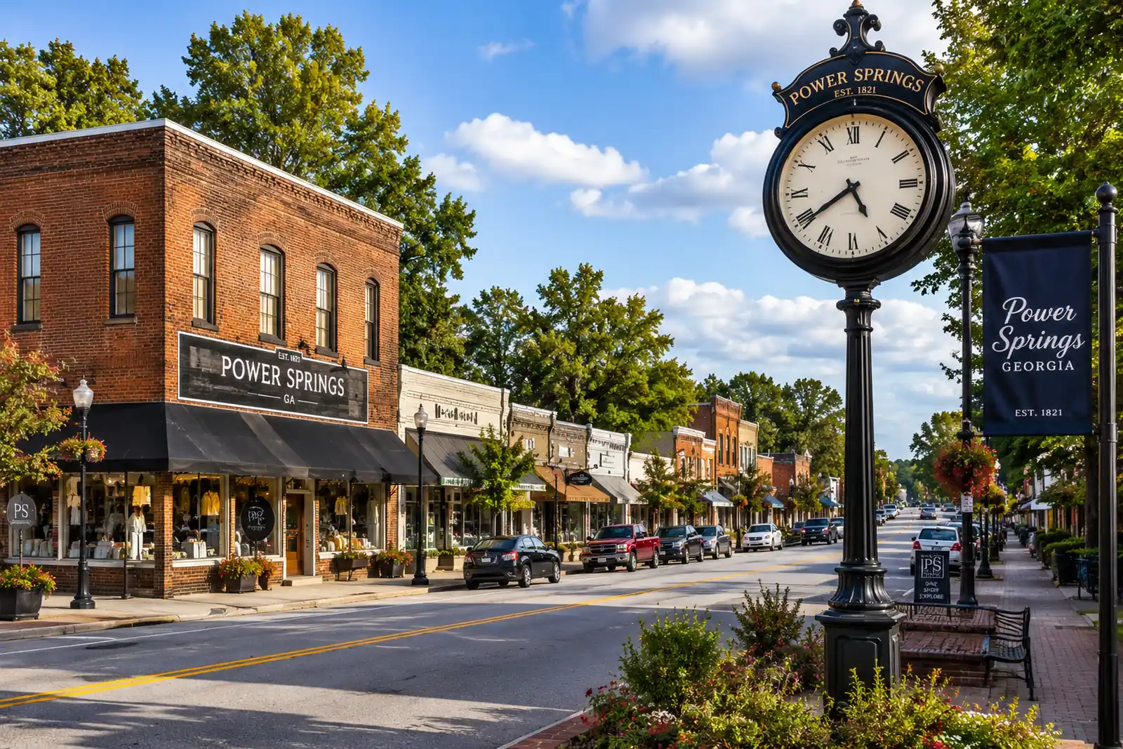 Downtown Powder Springs, Georgia streetscape featuring historic storefronts, local businesses, and a landmark town clock