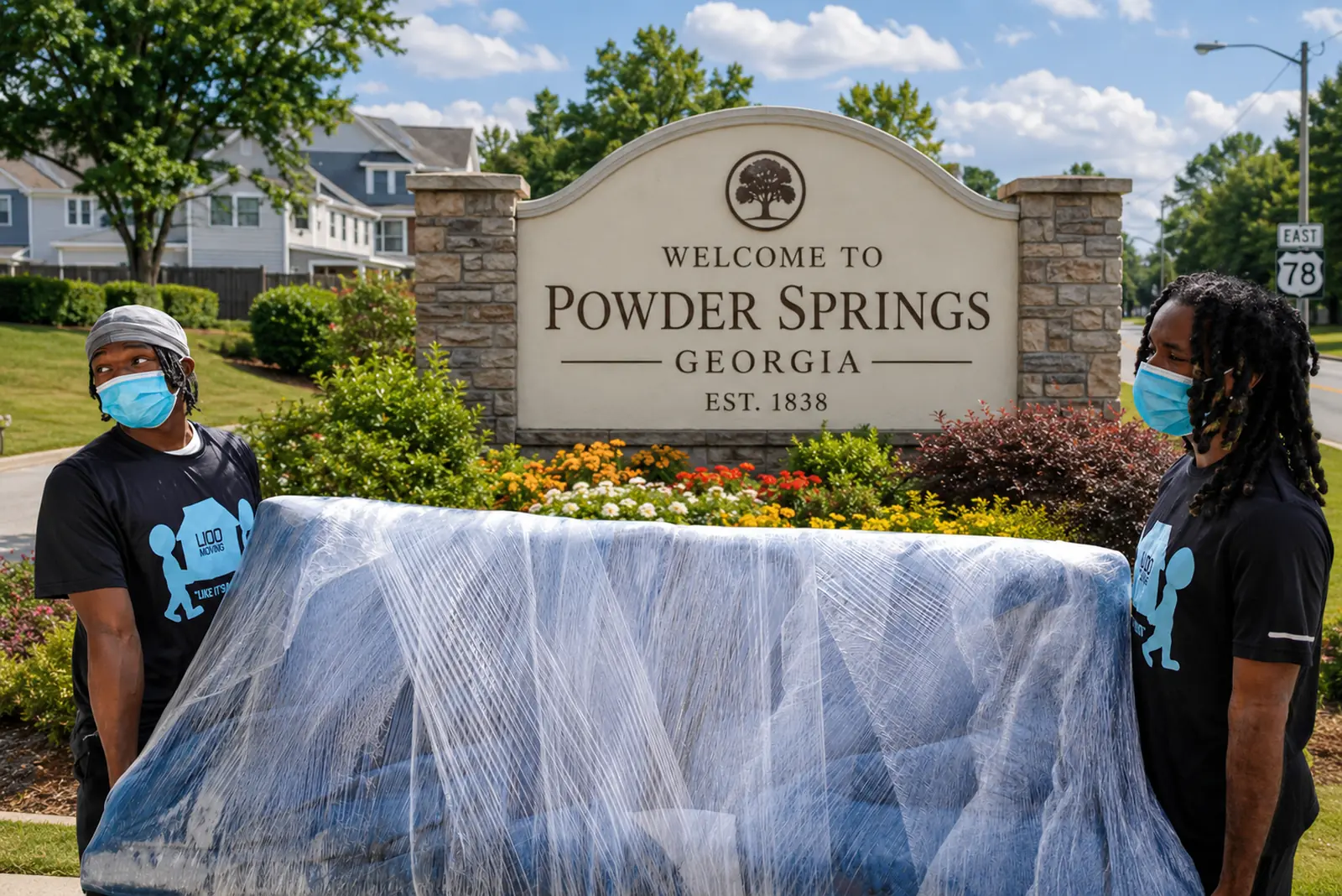 Professional LIOO Moving movers carrying a shrink-wrapped sofa during a residential move in Powder Springs, Georgia