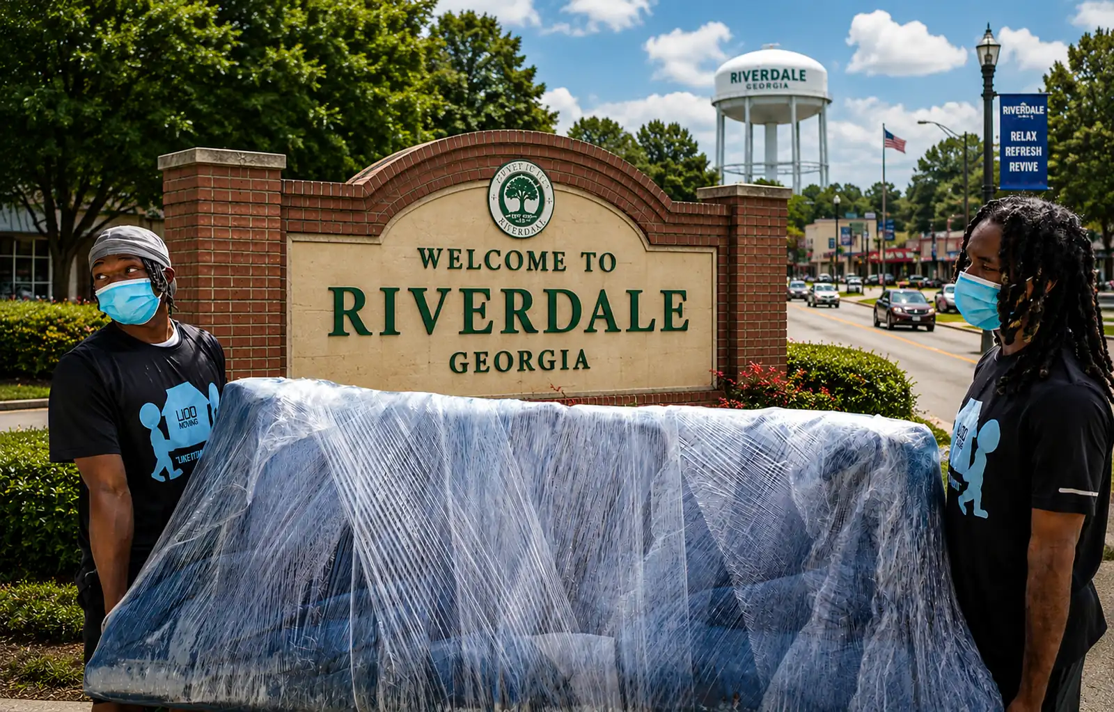 LIOO Moving crew carrying professionally wrapped furniture near the Riverdale, Georgia welcome sign