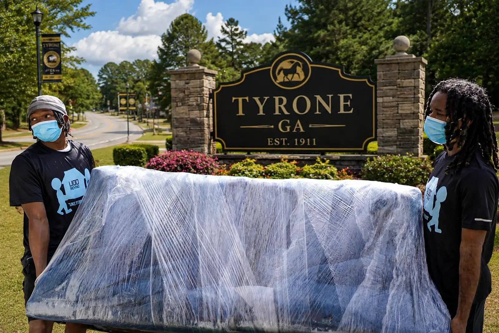 Professional LIOO Moving movers wrapping and carrying a protected sofa during a residential move in Tyrone, Georgia