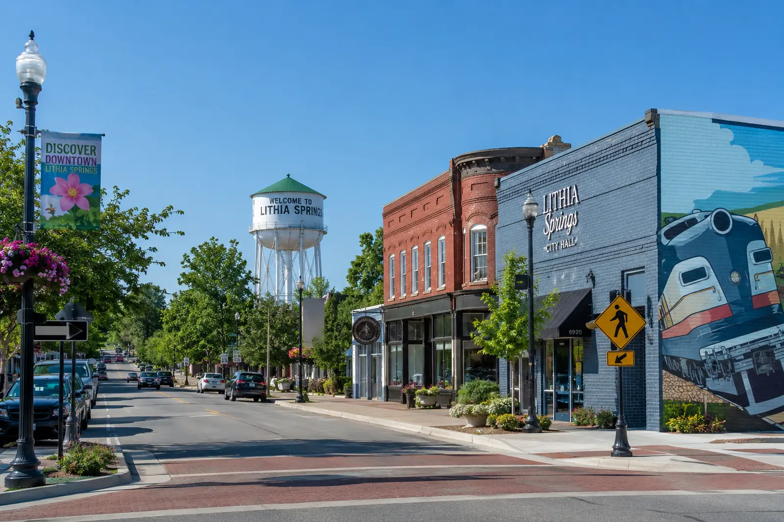 Downtown Lithia Springs streetscape in Georgia near local businesses served by professional movers