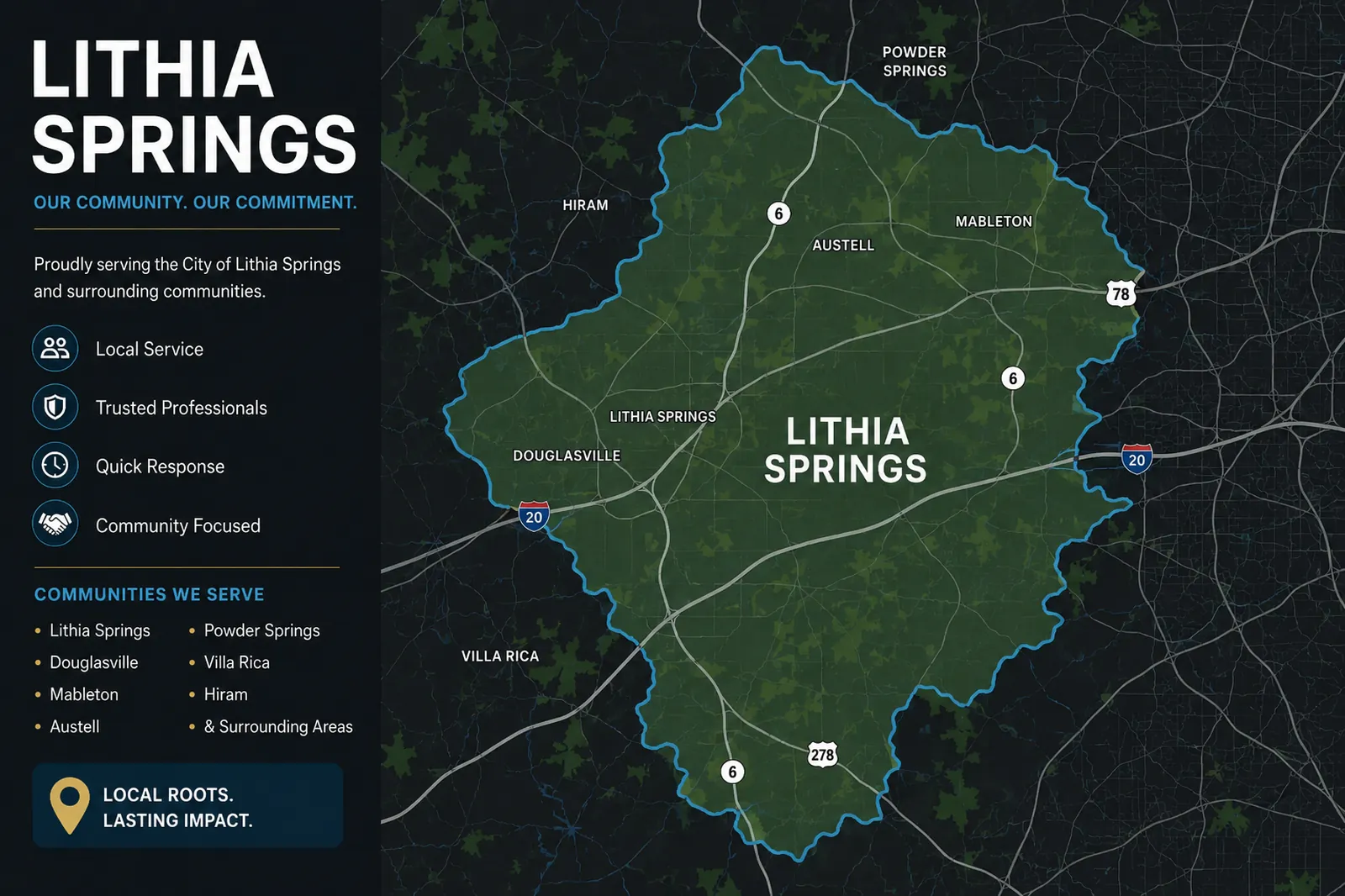 Lithia Springs movers service area map showing coverage across Austell, Mableton, Douglasville, Hiram, and nearby communities