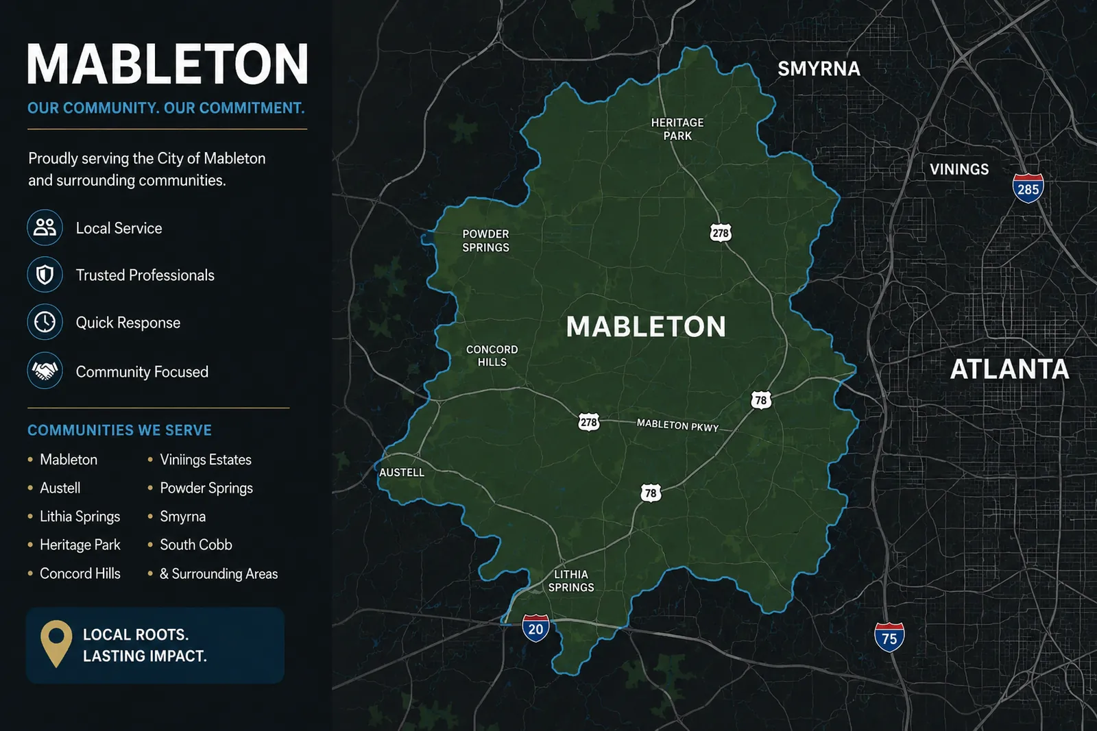 Mableton movers service area map highlighting Mableton, Austell, Powder Springs, Smyrna, and nearby communities