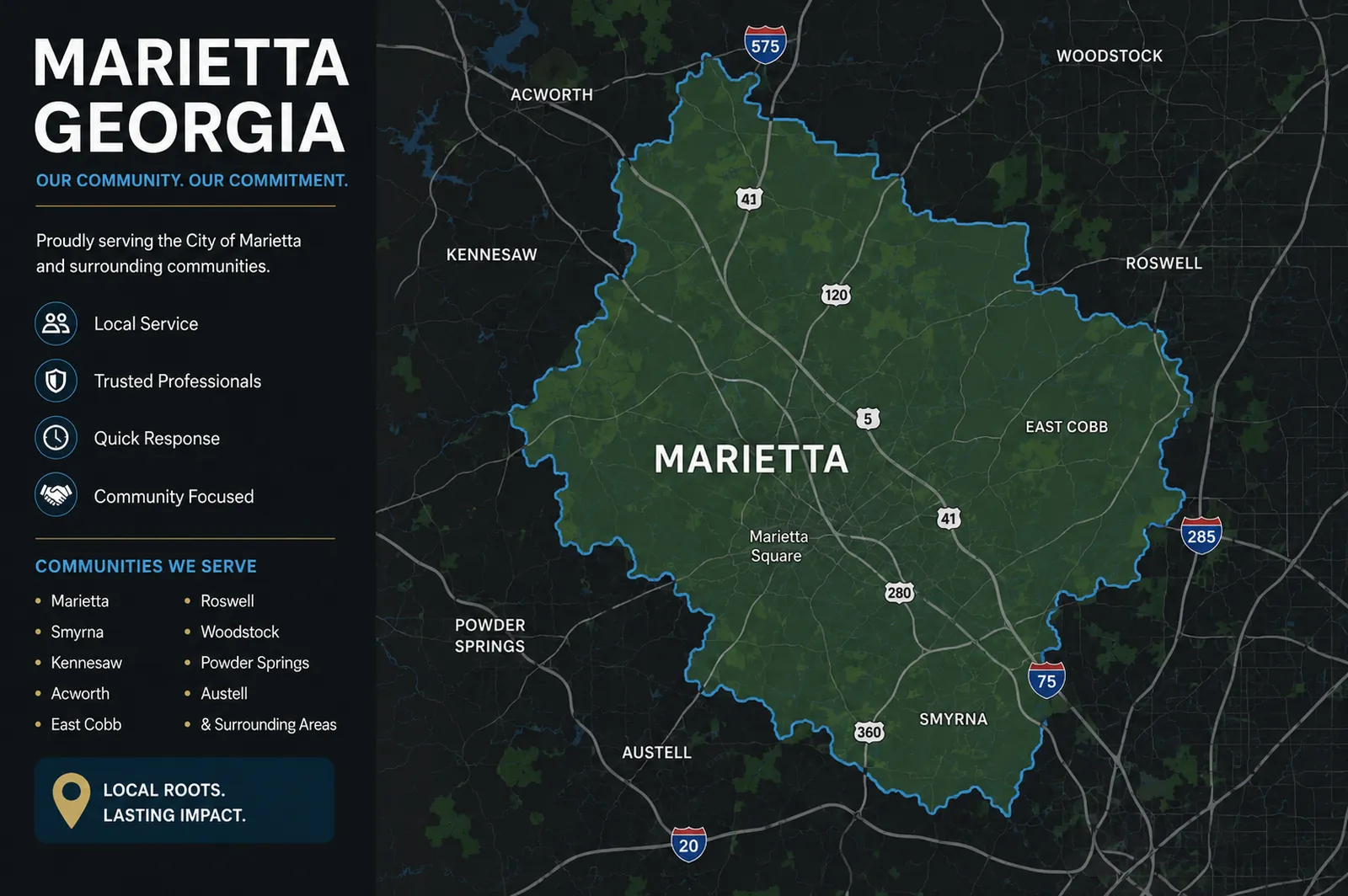 Service area map showing Marietta, Georgia moving company coverage across Marietta, Smyrna, Kennesaw, and East Cobb.