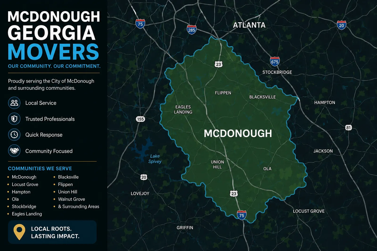 Stylized map highlighting the moving service area across McDonough, Georgia.