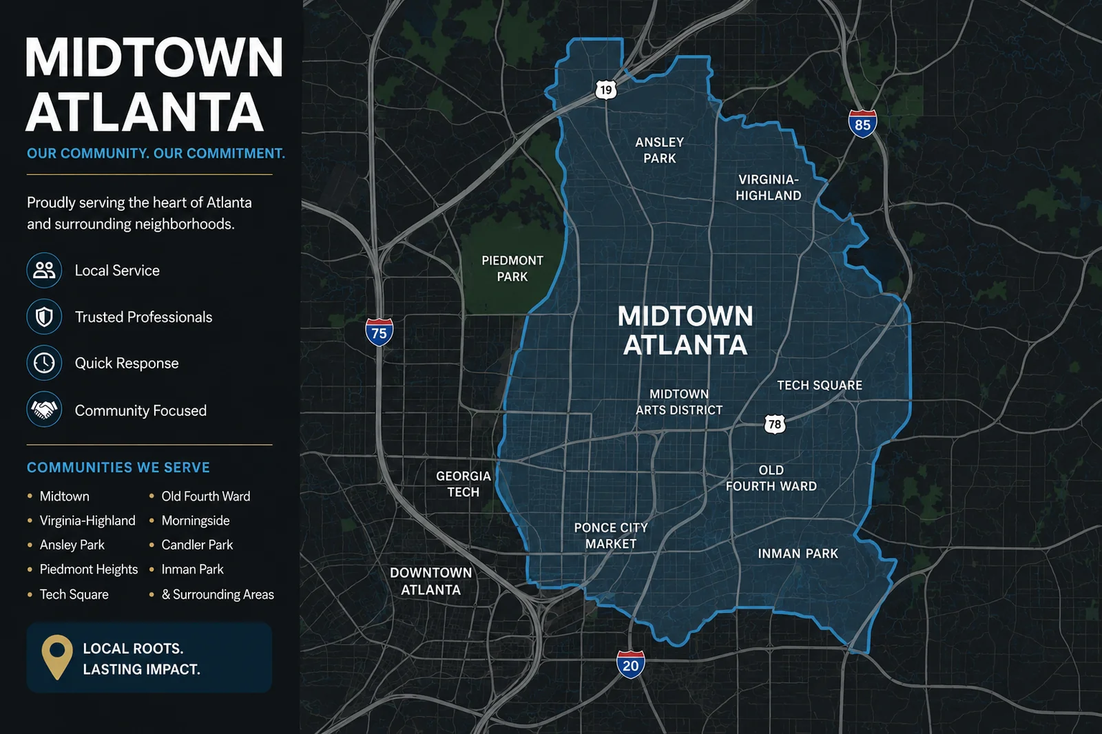 Midtown Atlanta moving service area map showing neighborhoods, major roads, and local relocation coverage