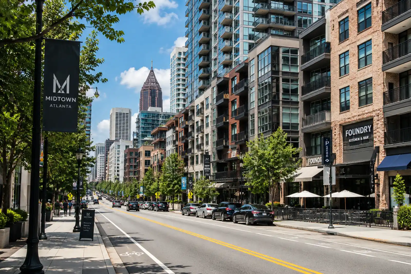 Street view of Midtown Atlanta featuring luxury apartment buildings, walkable sidewalks, and urban residential towers
