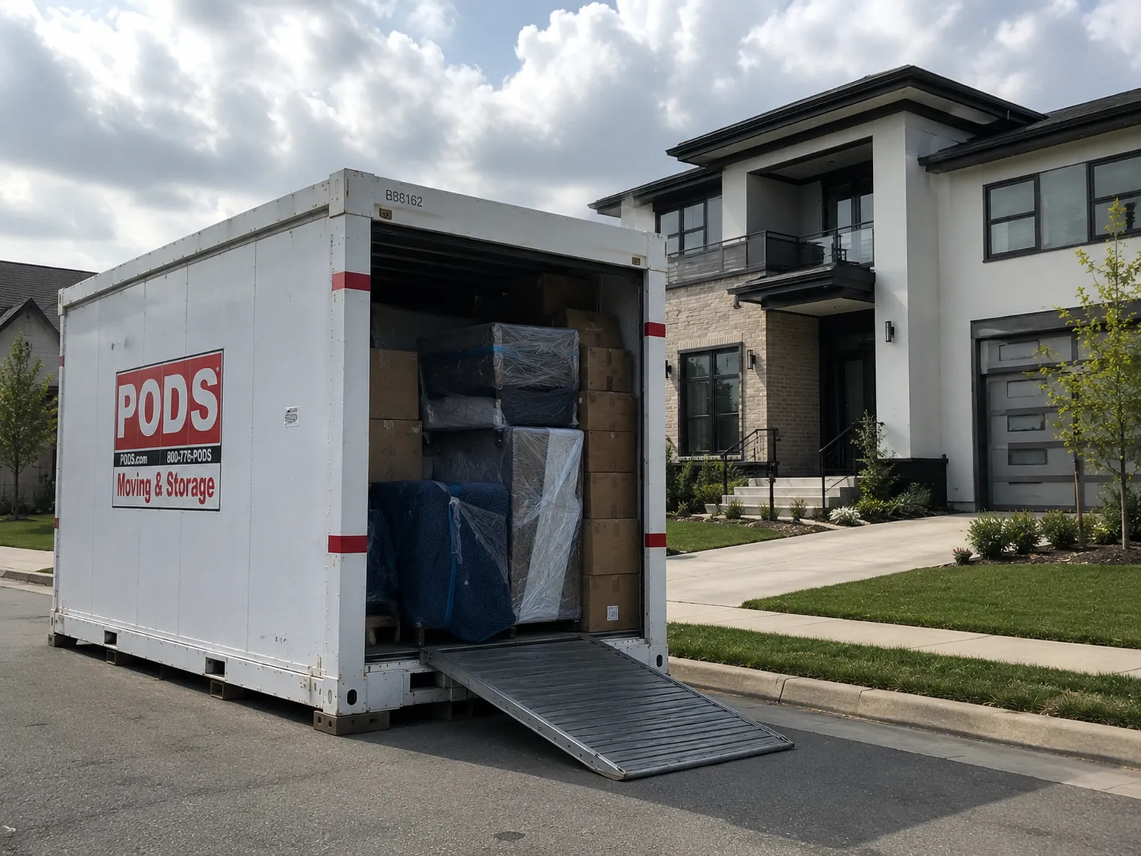 Loaded portable moving container parked outside a newly built home in Atlanta