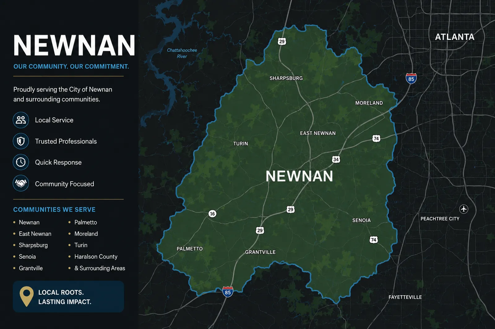 Newnan GA movers service area map showing Newnan and surrounding Coweta County communities served