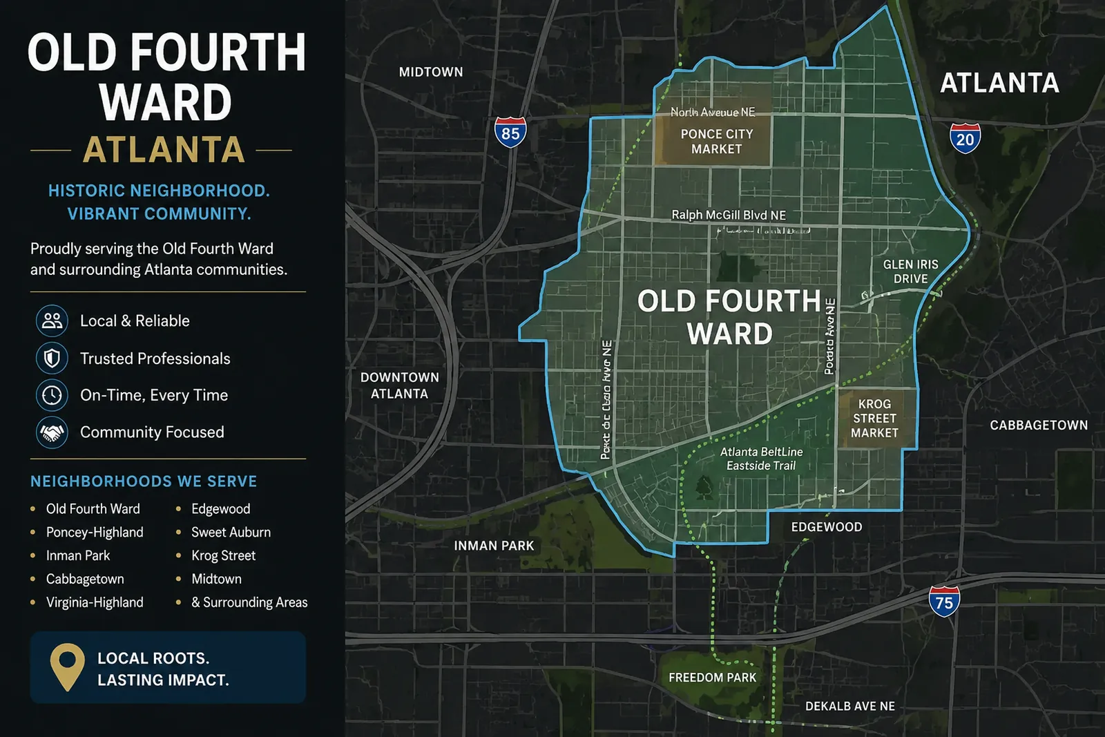 Neighborhood service area map showing Old Fourth Ward Atlanta movers coverage near the BeltLine, Ponce City Market, Krog Street Market, and surrounding communities