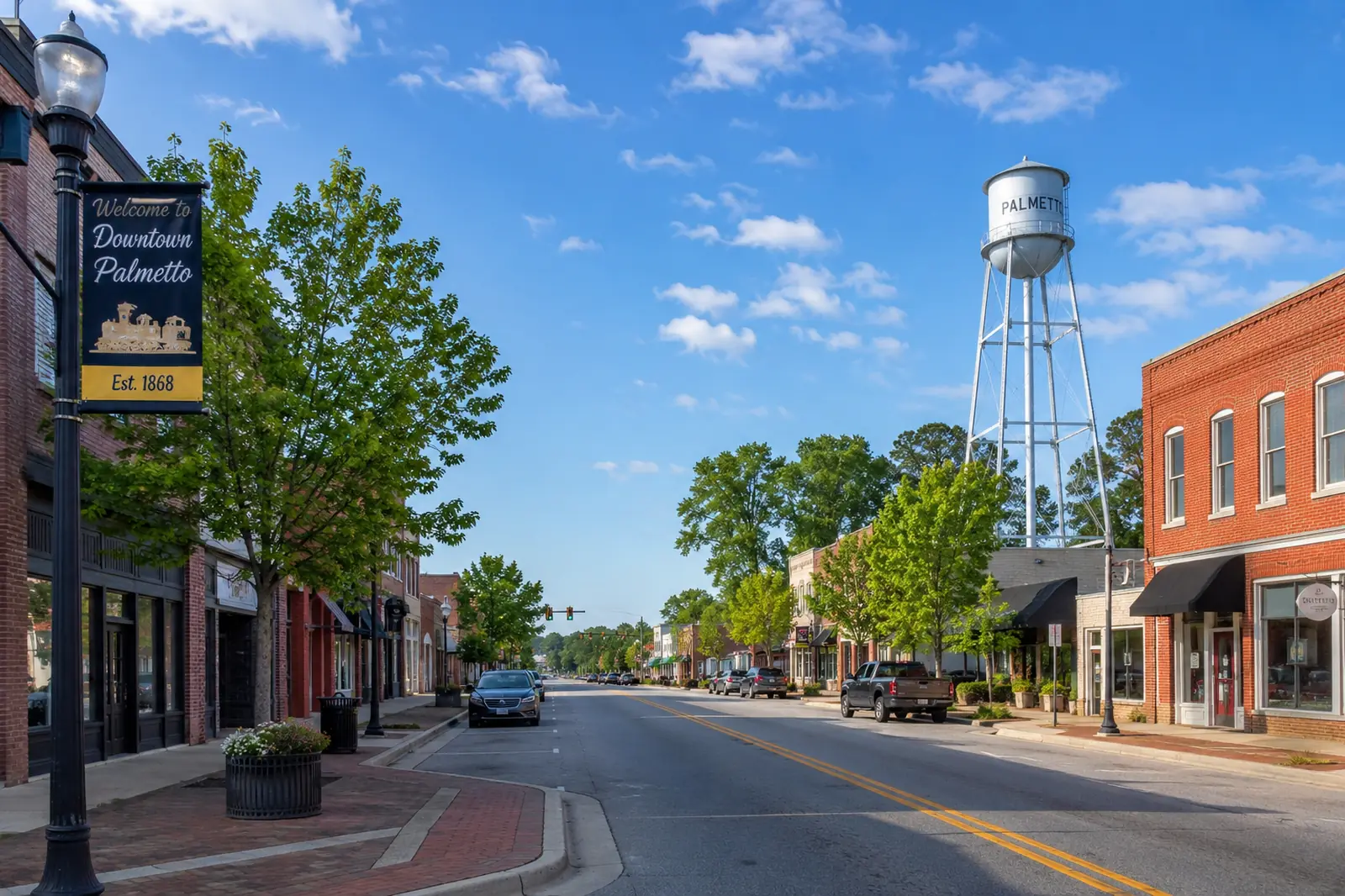 Downtown Palmetto, Georgia streetscape with historic storefronts and local businesses near moving service areas