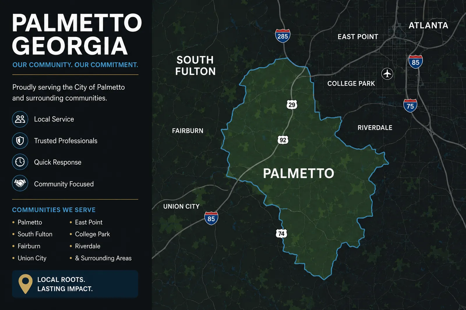 Palmetto GA movers service area map showing Palmetto and nearby South Fulton communities served by LIOO Moving