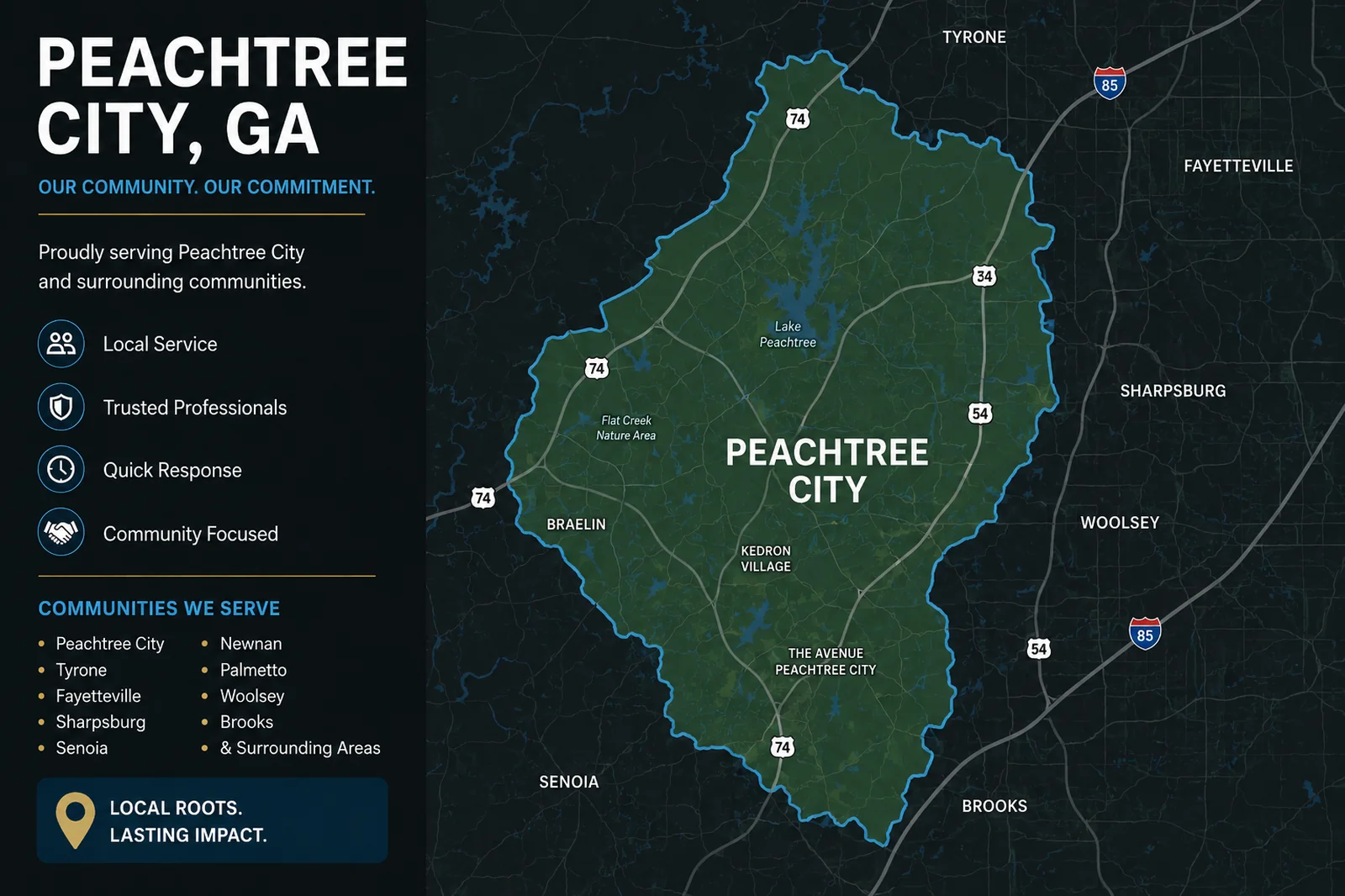 Peachtree City GA movers service area map showing local moving coverage across Fayette County and nearby communities
