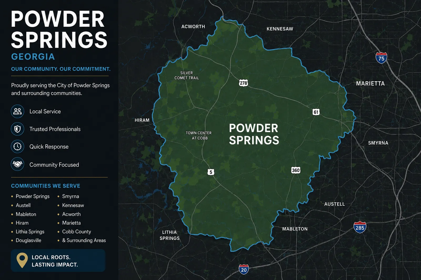 Service area map showing Powder Springs, Georgia and surrounding communities served by LIOO Moving.