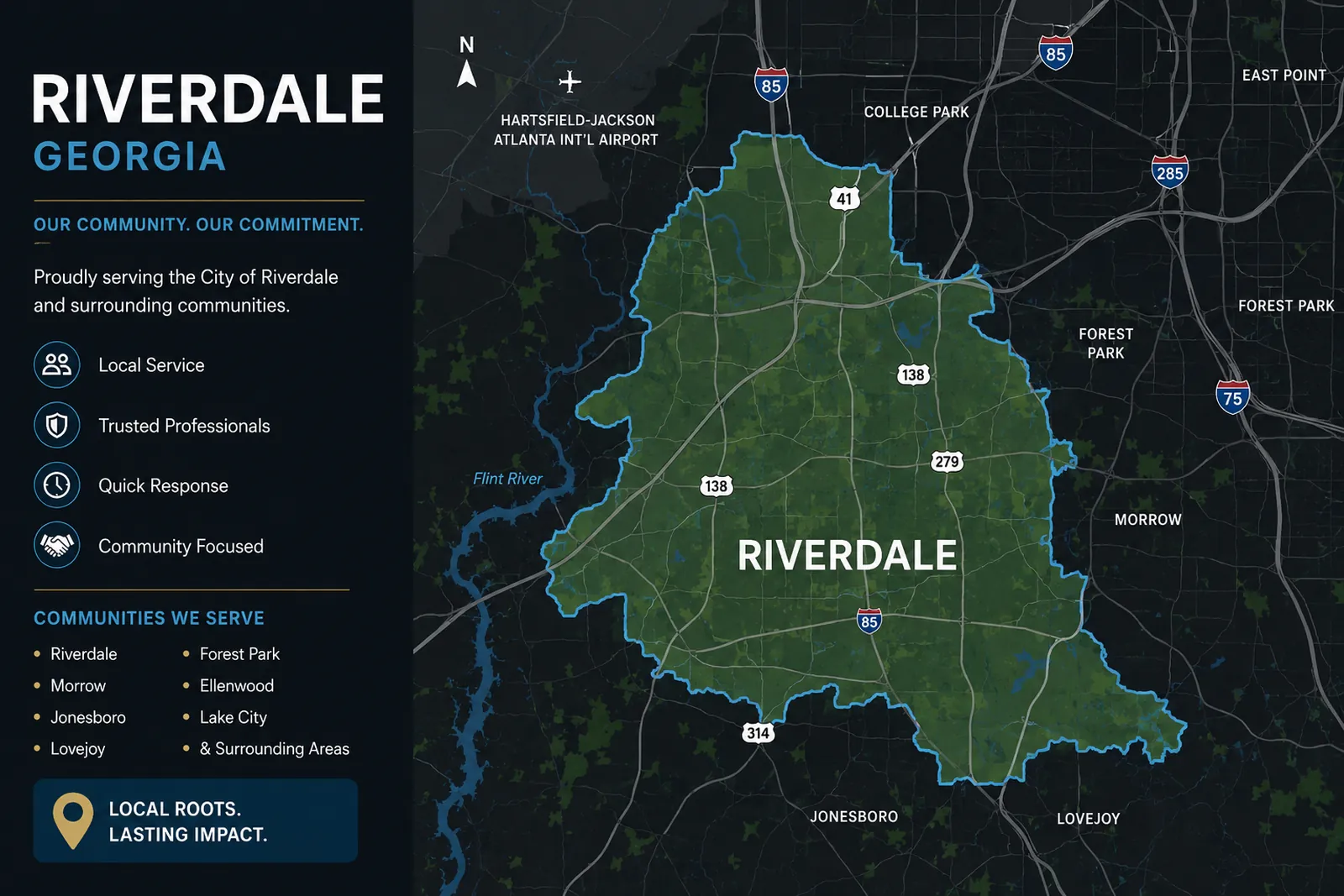Riverdale movers service area map showing Riverdale, Jonesboro, Morrow, Forest Park, and nearby communities