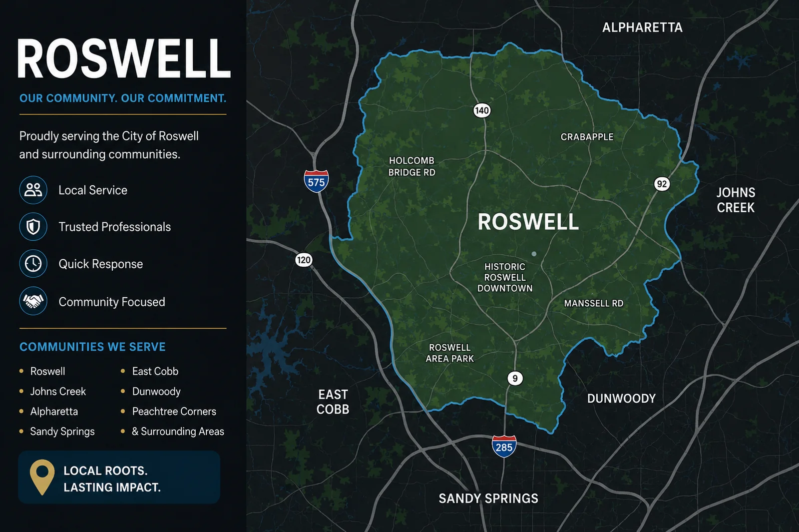 Map highlighting the Roswell service area and major surrounding road network in Georgia.