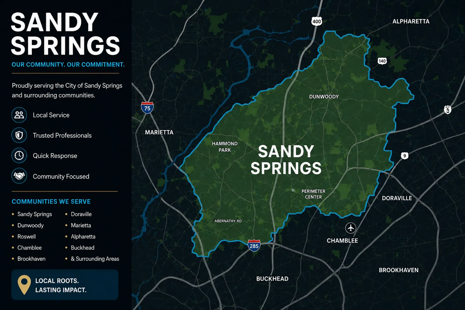 Service area map highlighting Sandy Springs and nearby roads within the city boundary.