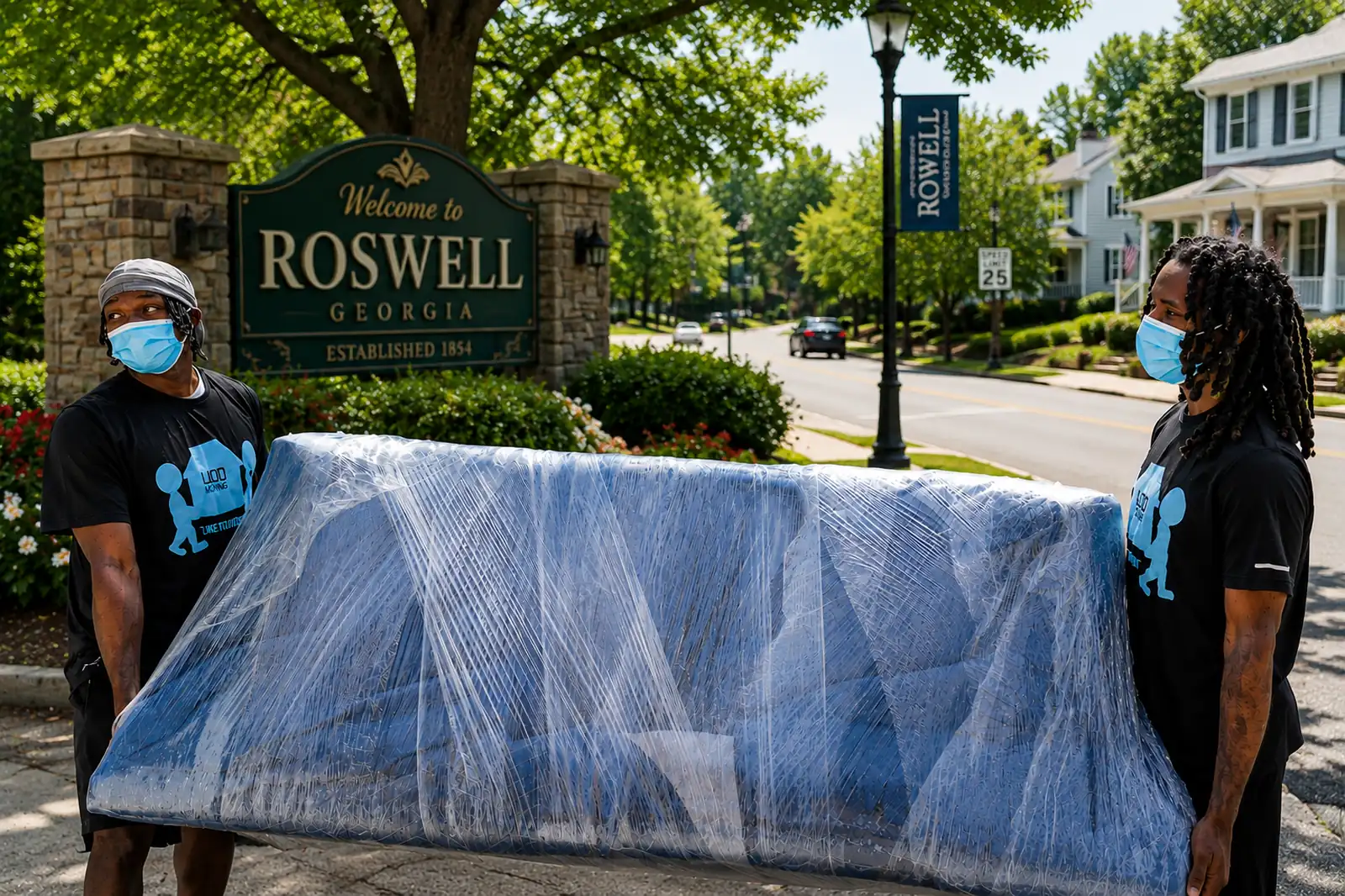 Two movers carry a shrink-wrapped sofa beside the Welcome to Roswell sign in Roswell
