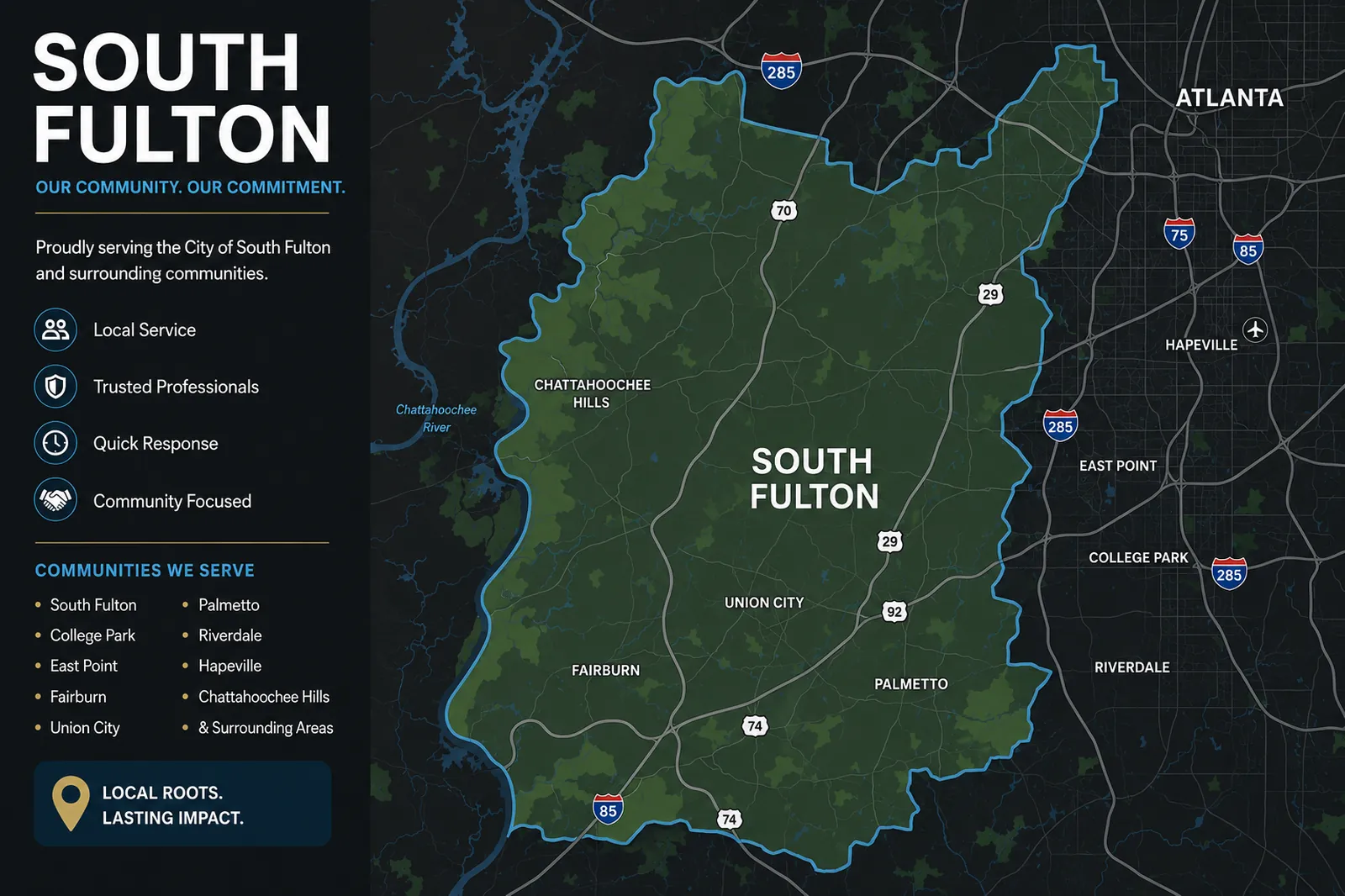 Service area map showing South Fulton, Georgia moving company coverage across South Fulton and nearby communities