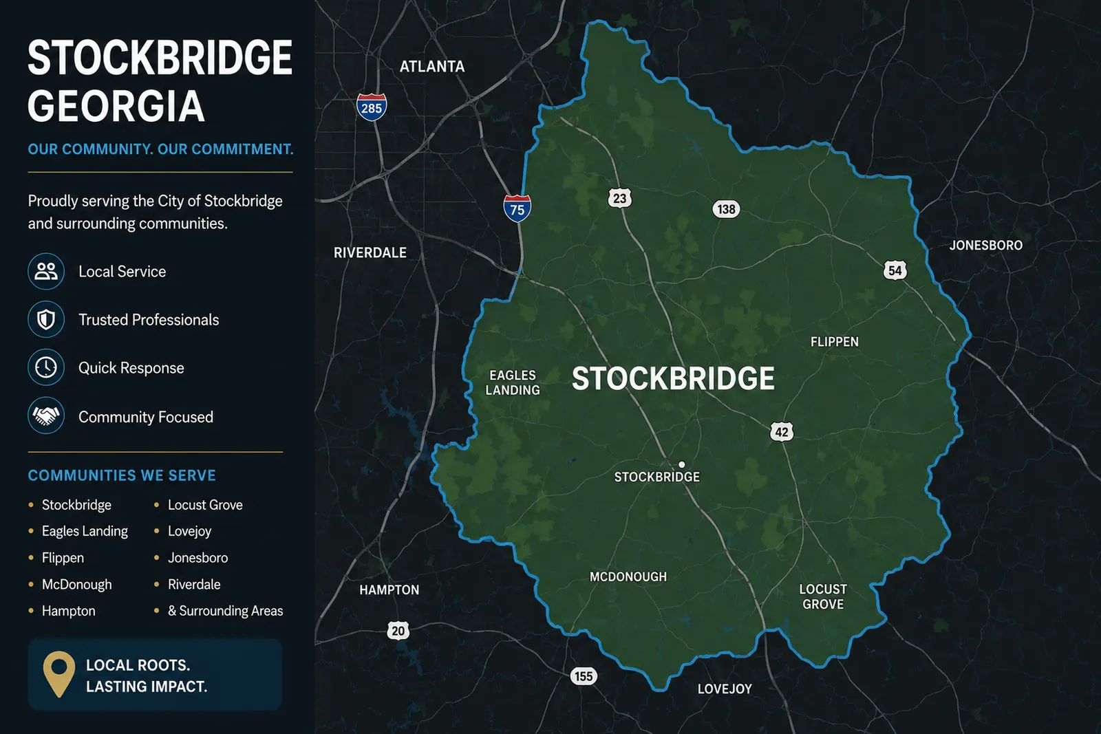 Stylized map highlighting the moving service area across Stockbridge, Georgia.
