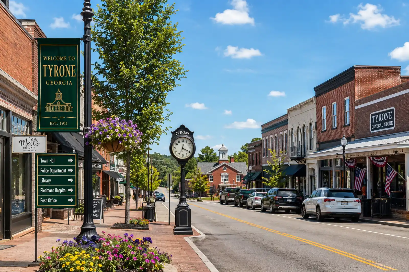 Downtown streetscape in Tyrone, Georgia, highlighting the local community served by Tyrone moving companies