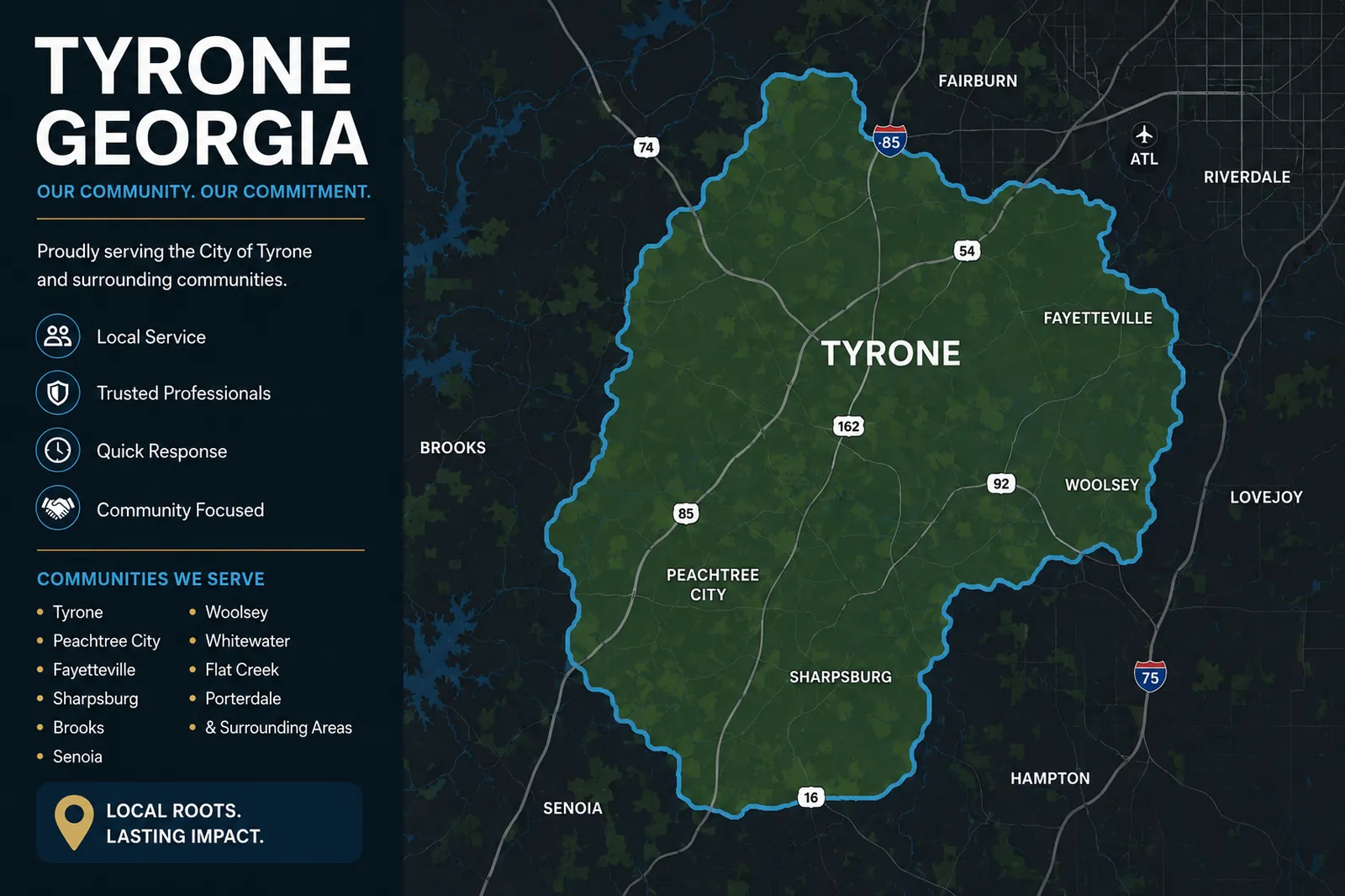 Local moving company service area map showing Tyrone, Georgia and surrounding communities served by professional movers