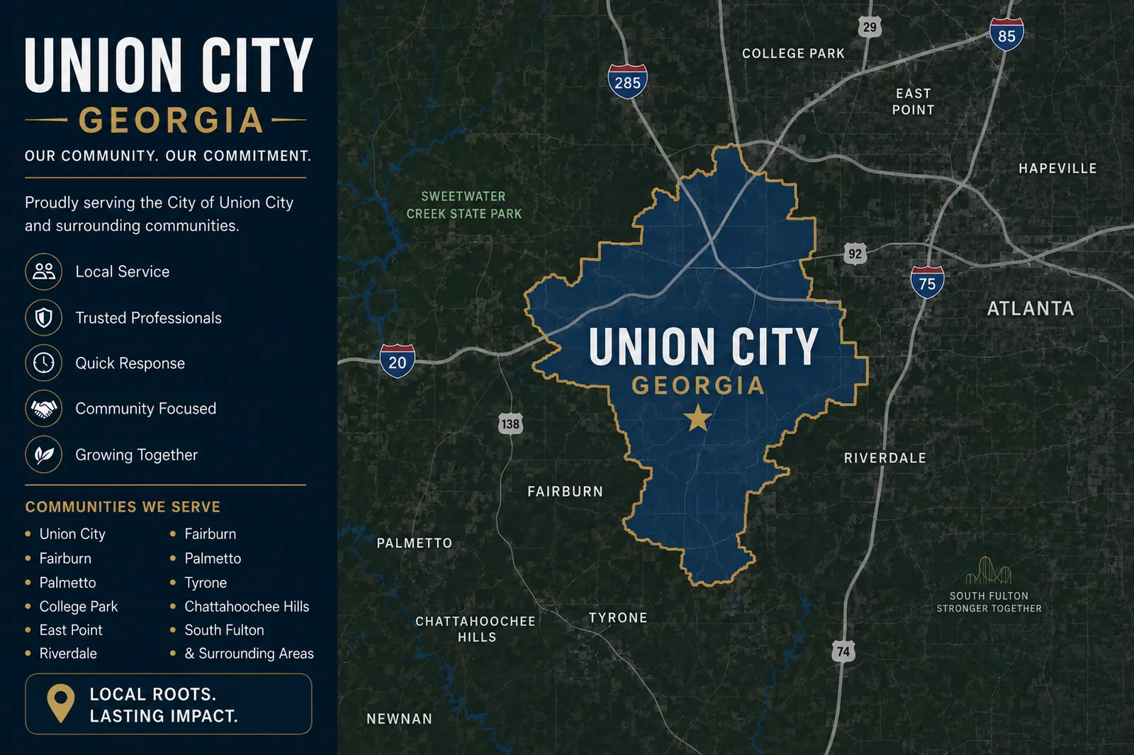 Union City GA movers service area map showing local moving coverage throughout South Fulton and nearby communities