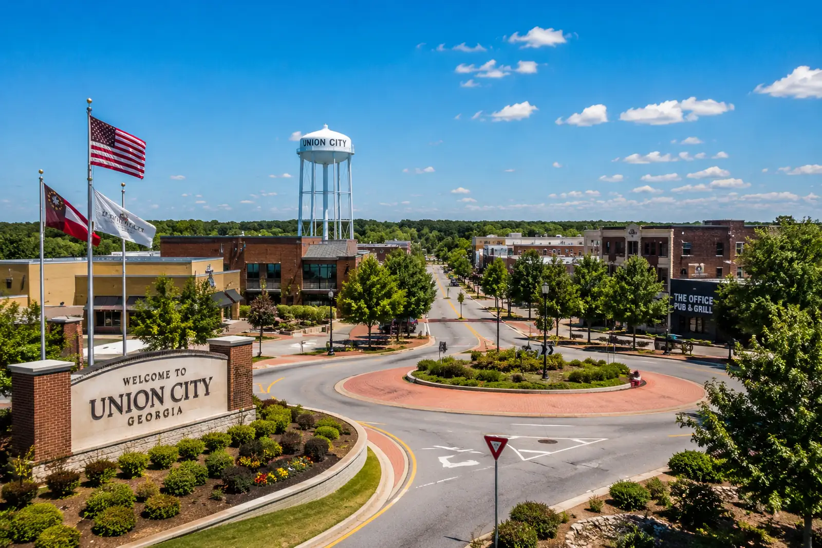 Professional Union City GA movers serving the local community with a downtown view of Union City, Georgia
