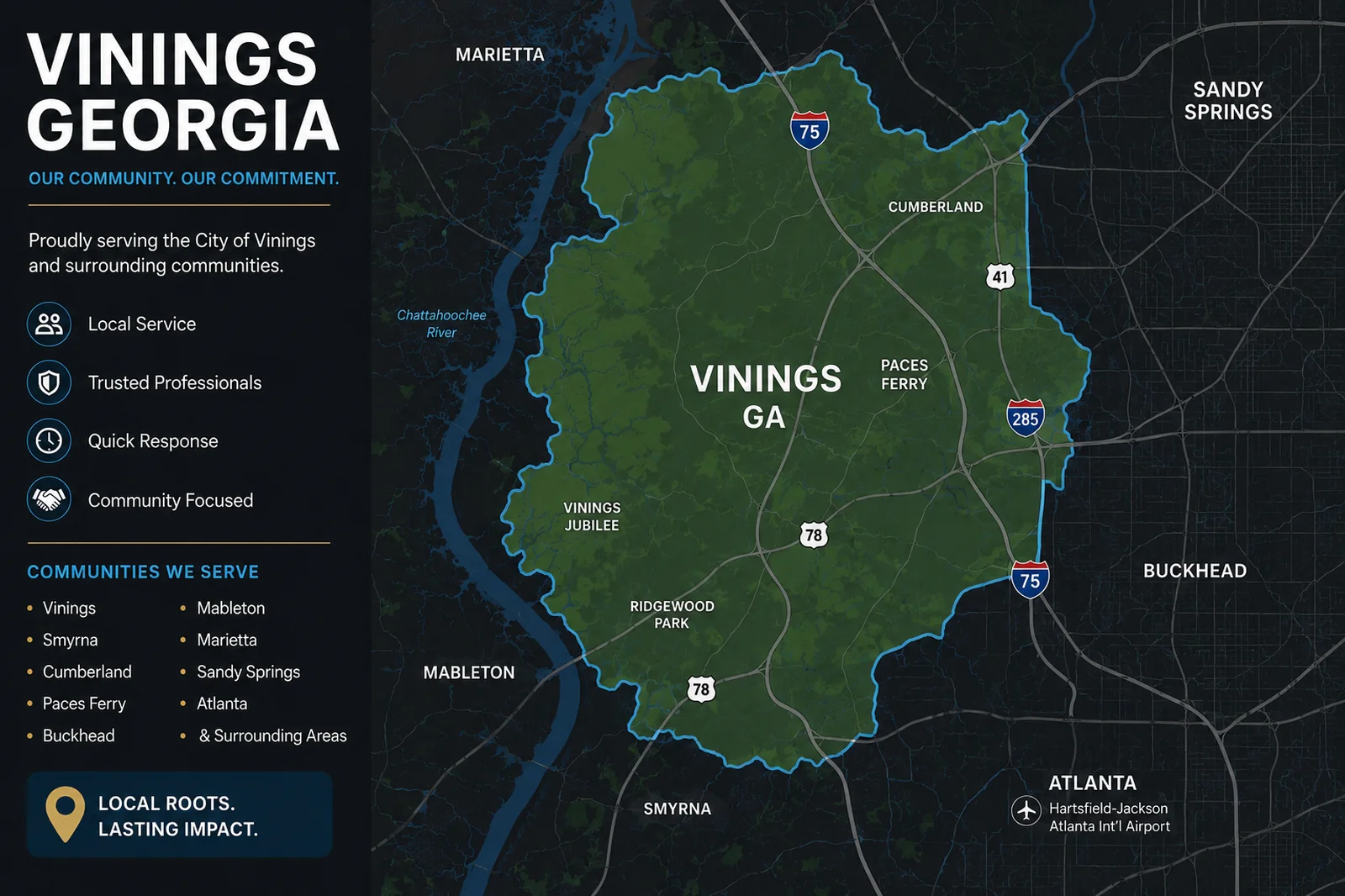 Service area map showing Vinings movers coverage in Vinings, Smyrna, Cumberland, Buckhead, Sandy Springs, and nearby Georgia communities