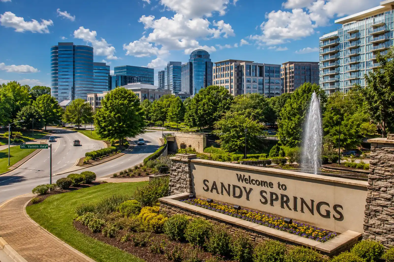 Welcome sign with landscaped entrance and city skyline in Sandy Springs, Georgia.