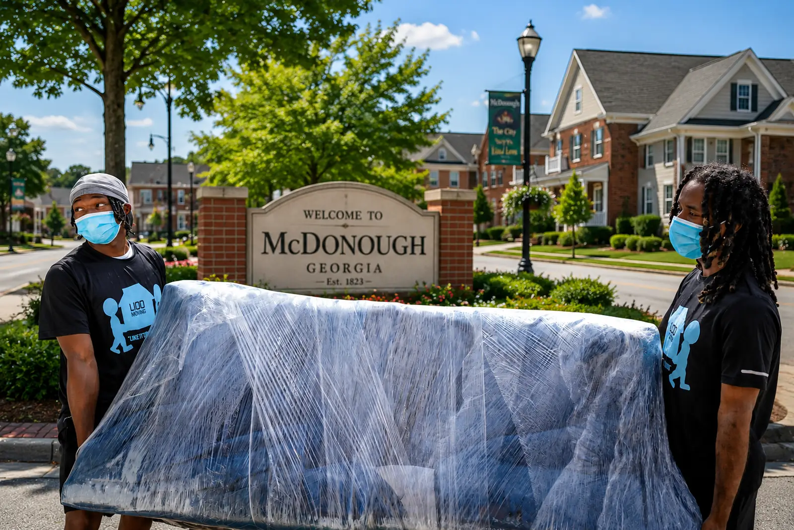 Two movers carry a shrink-wrapped sofa through a residential neighborhood in McDonough, Georgia