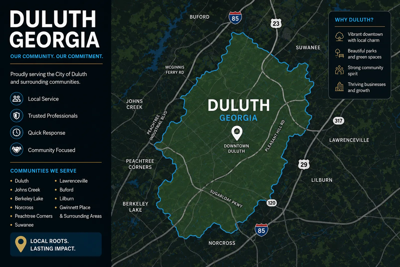 LIOO Moving service-area map covering Duluth, Georgia — Pleasant Hill Road, Sugarloaf Parkway, and the I-85 corridor through Gwinnett County.