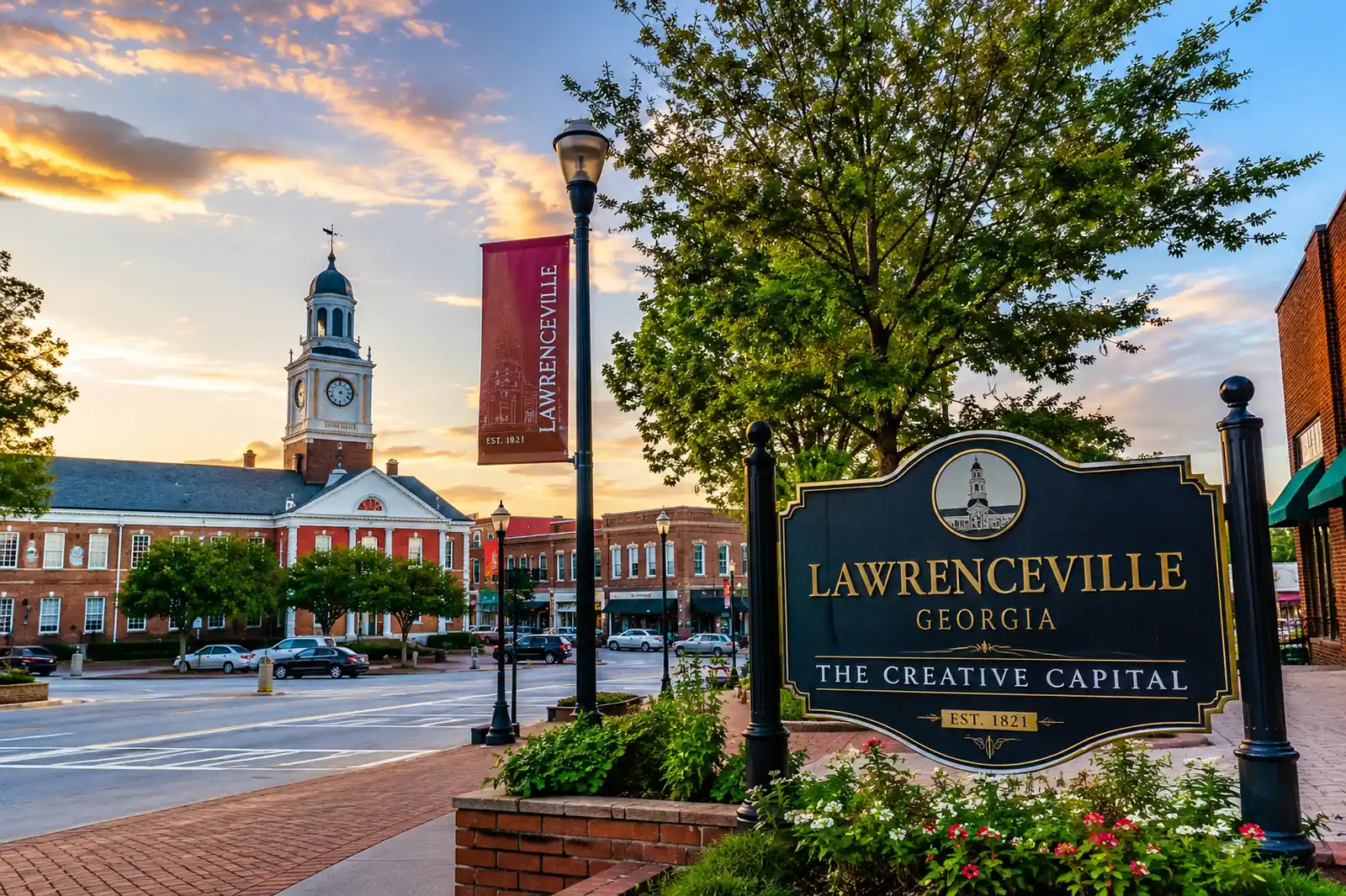 Historic downtown Lawrenceville, Georgia, around the Gwinnett County courthouse square — the walkable core where shared curb space and narrow older-home entries shape move-day access.