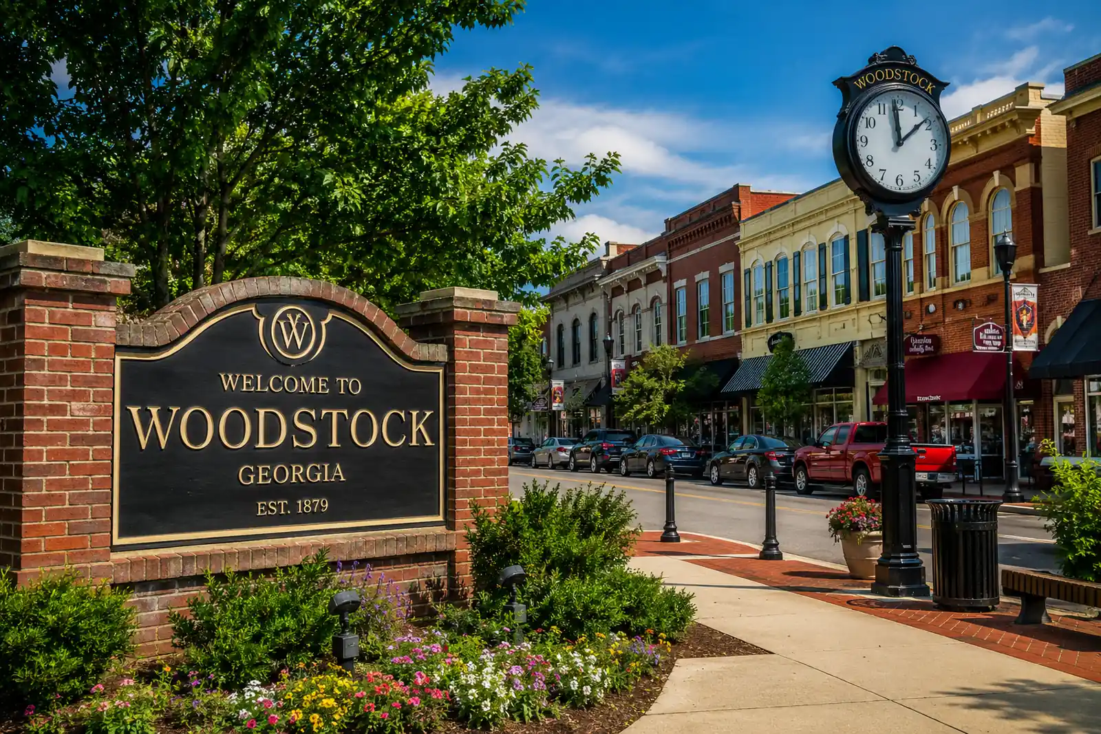 Historic storefronts along Main Street in downtown Woodstock, Georgia — the walkable district where narrower lots and event-weekend foot traffic shape curb access on move day.