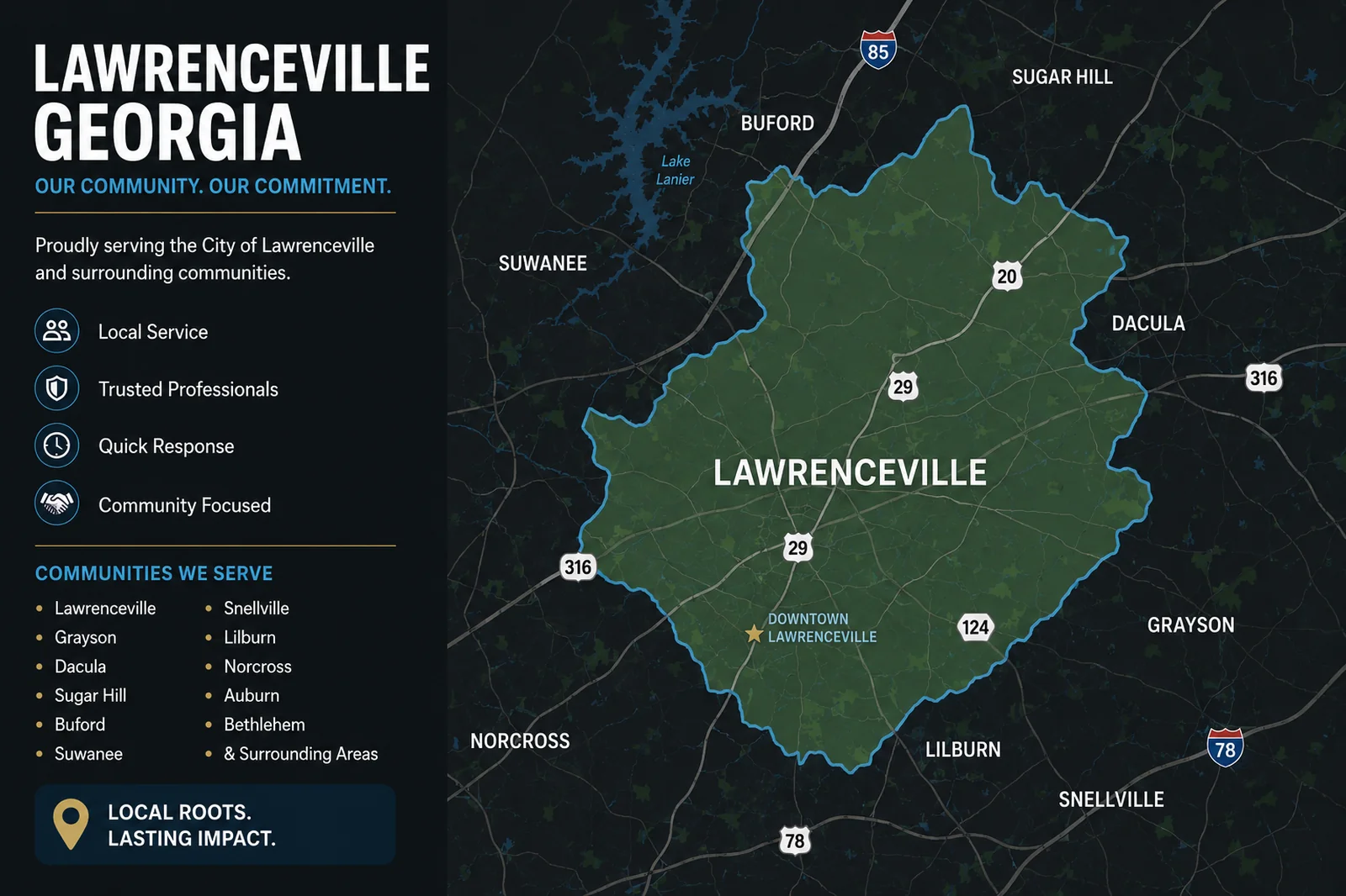 Map of LIOO Moving's Lawrenceville service area, showing the GA-316 and I-85 corridor through Gwinnett County and connections to Duluth, Suwanee, and Snellville.
