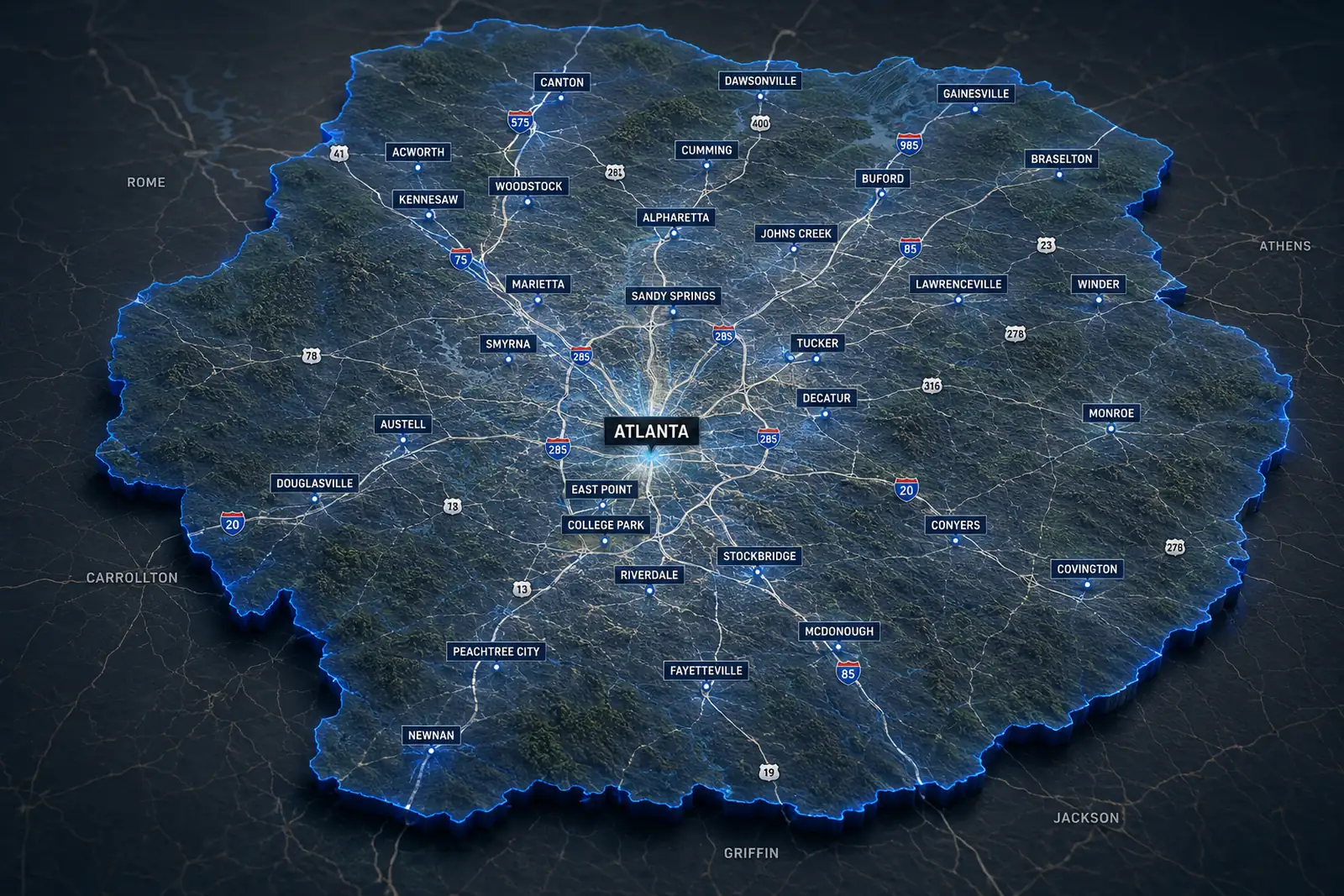 Illustrated map showing the Metro Atlanta service area with labeled cities surrounding Atlanta.