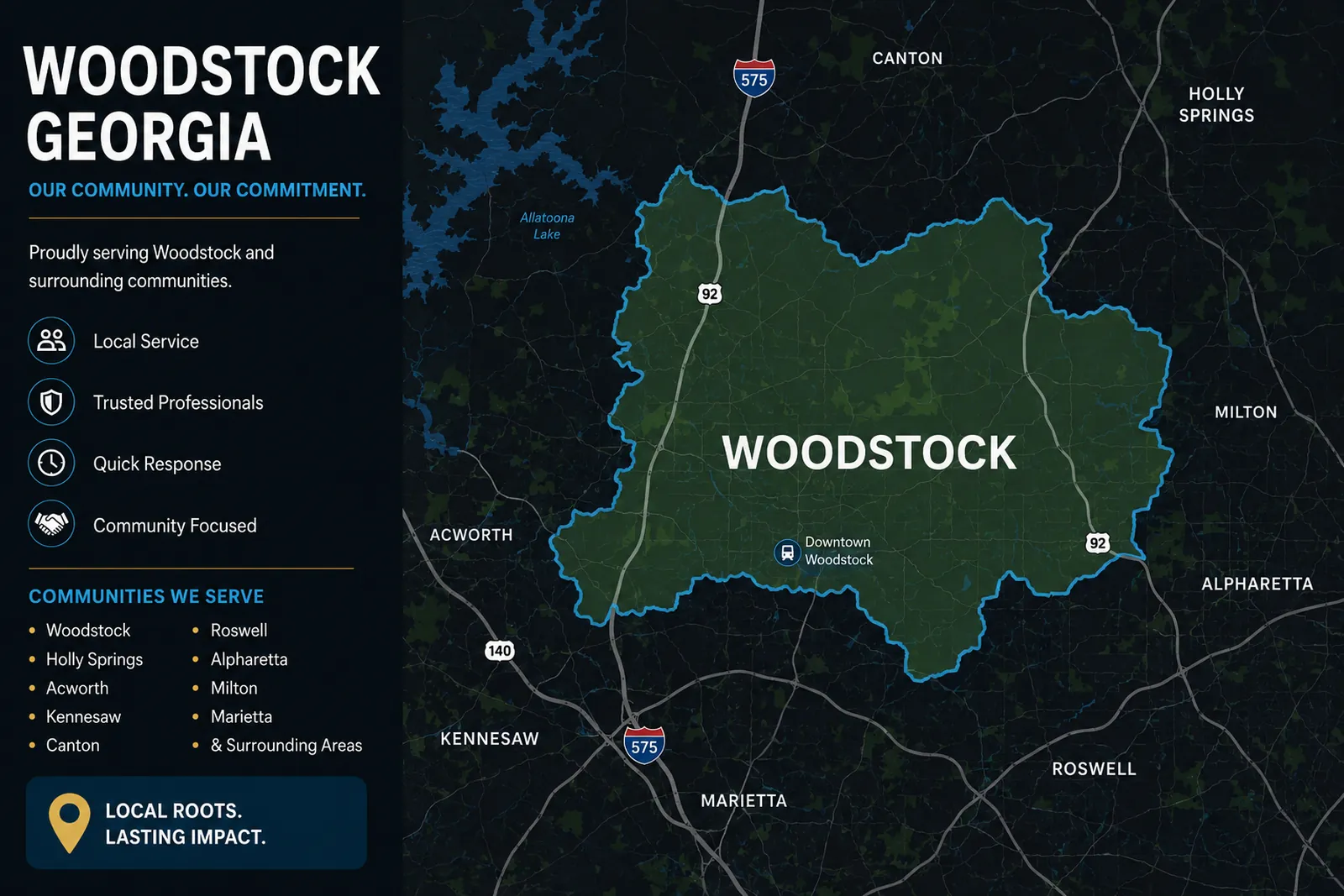 Map of LIOO Moving's Woodstock service area, showing the I-575 corridor through Cherokee County and connections to Canton, Holly Springs, Acworth, and Kennesaw.
