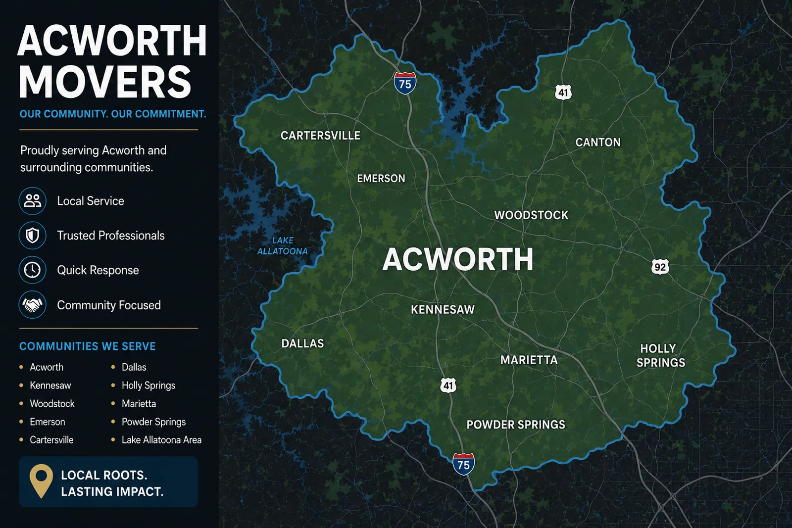 Acworth GA movers service area map showing Acworth, Kennesaw, Woodstock, Marietta, Cartersville, Emerson, Dallas, Holly Springs, Canton, and Powder Springs.