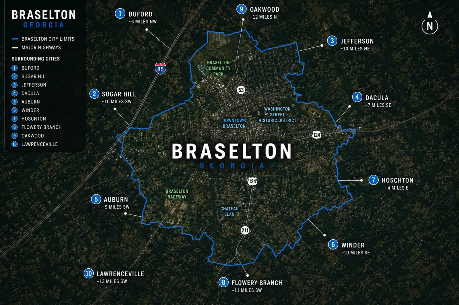 Braselton map showing city limits and surrounding communities across the local service area
