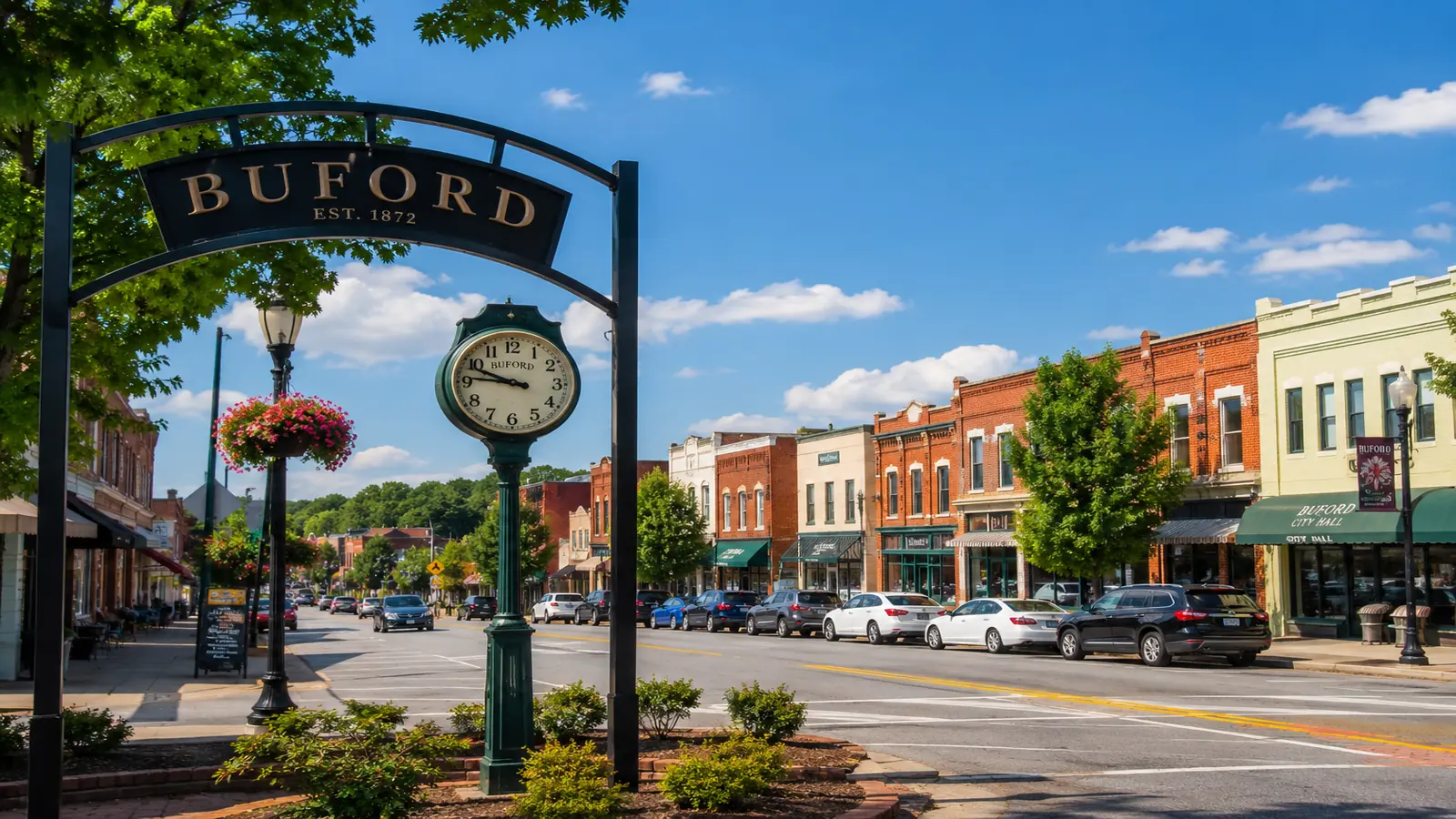 Brick storefronts line a tree-lined street beneath the Buford arch.