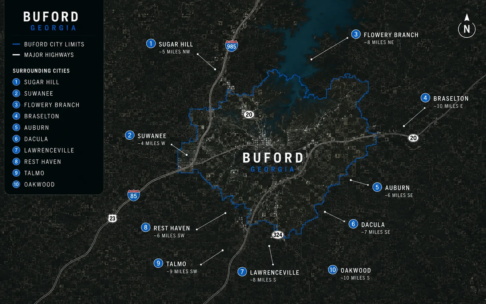 Buford city limits and nearby communities are mapped with major highways and approximate distances.