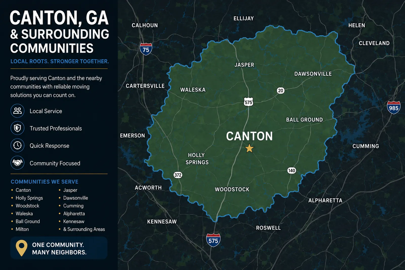 Map highlighting the moving service area centered on Canton, Georgia and nearby communities.