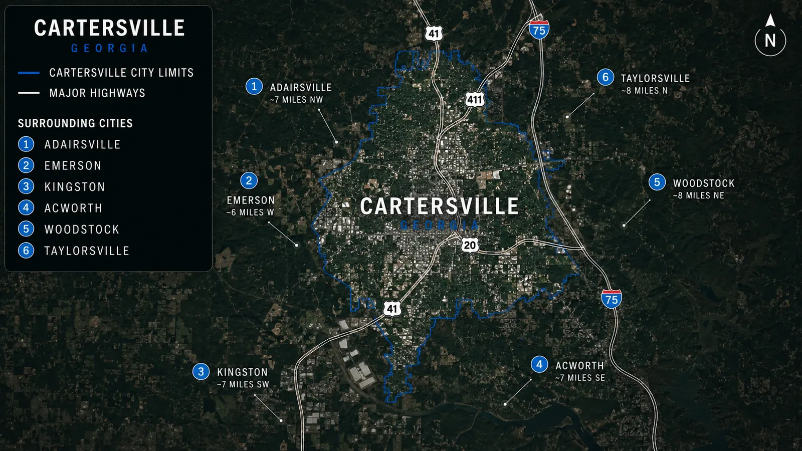 Map outlines Cartersville city limits and labels nearby communities and major highways