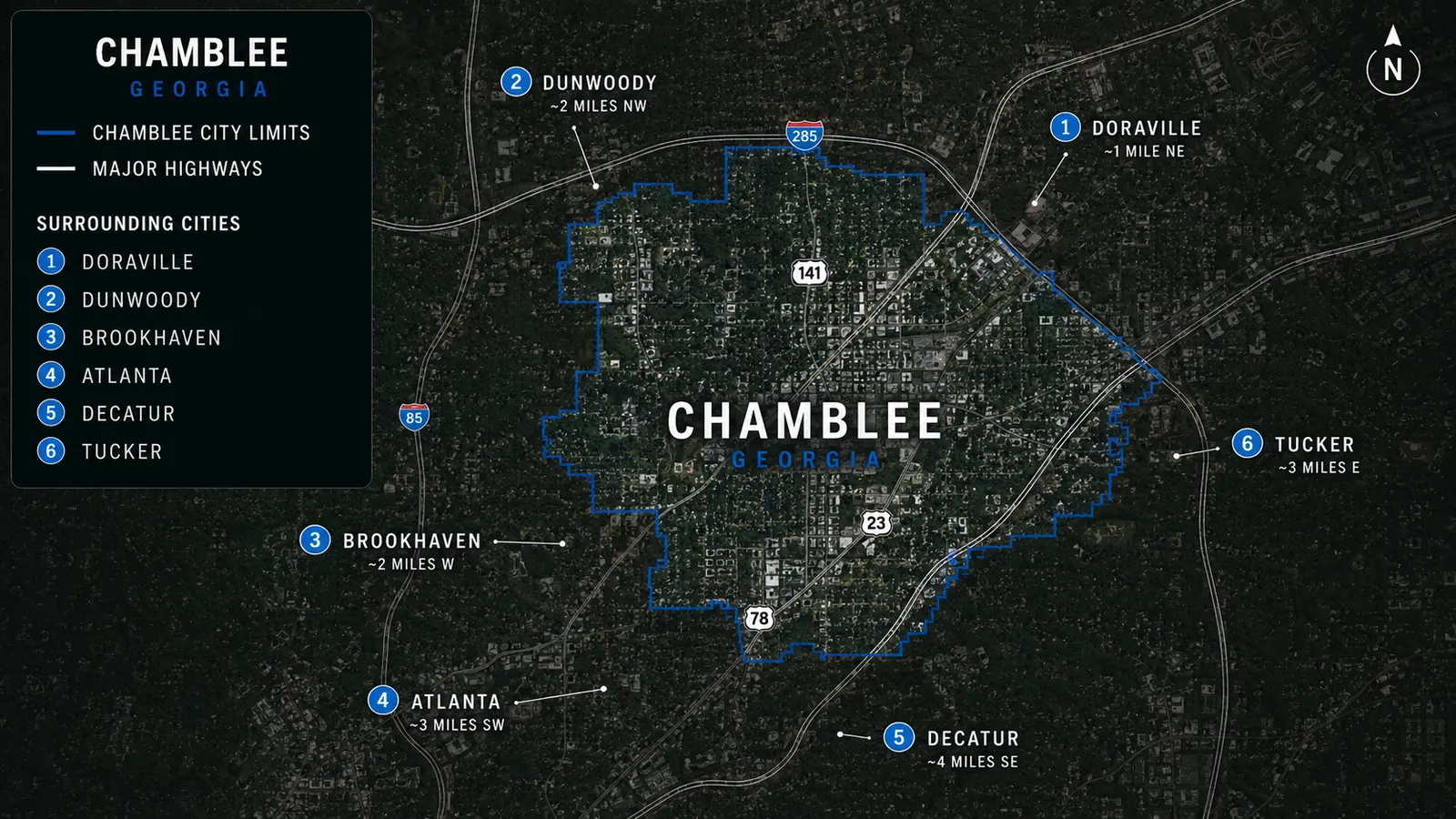Chamblee city limits shown with nearby communities and major highways across the surrounding Atlanta area.