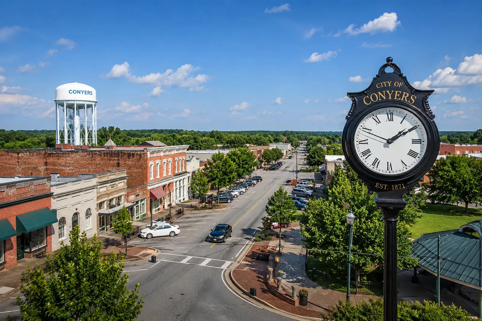 Historic City of Conyers street clock overlooking downtown storefronts with the Conyers water tower in the background.