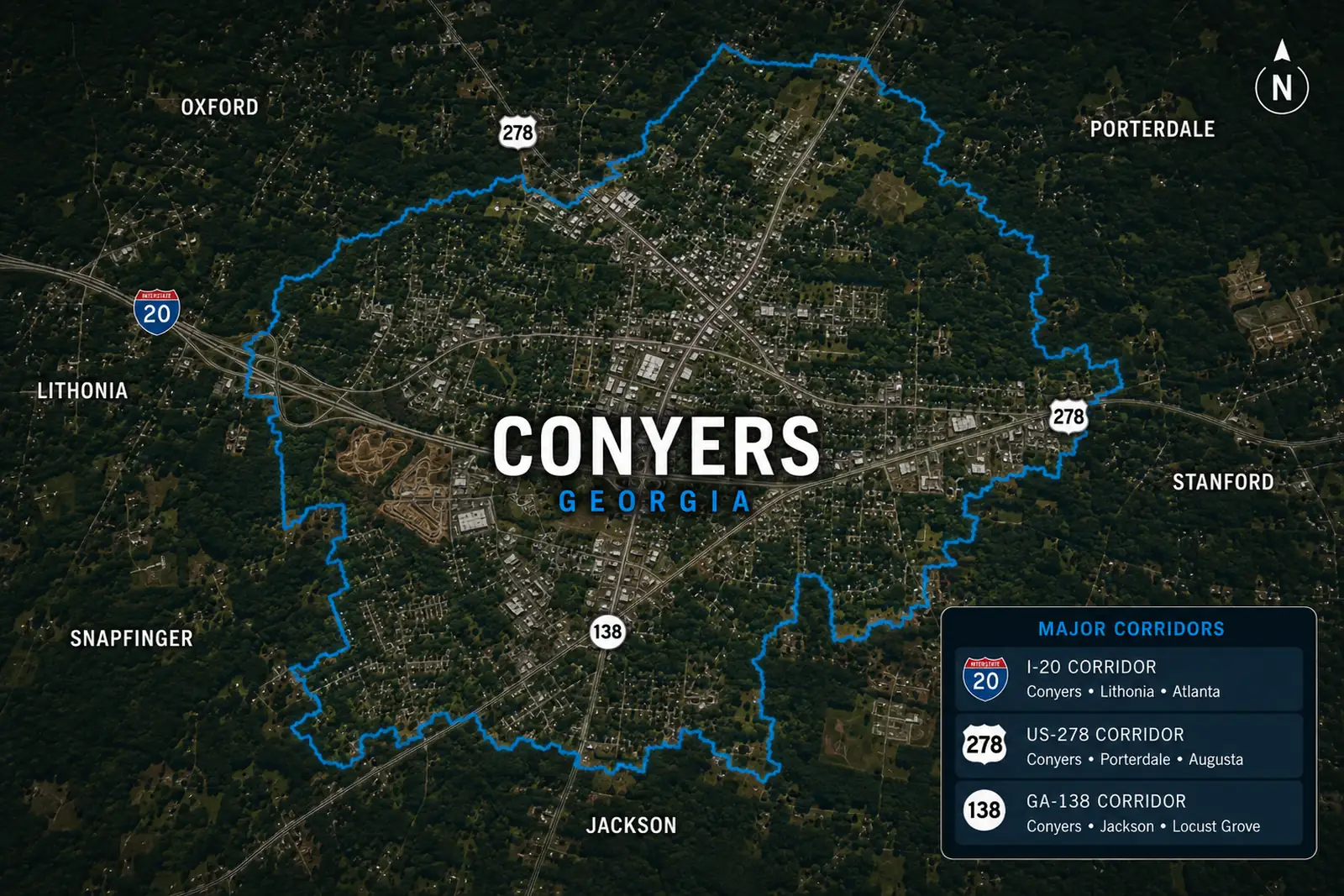Map identifying Conyers with its city boundary and the primary travel corridors of I-20, US-278, and GA-138.