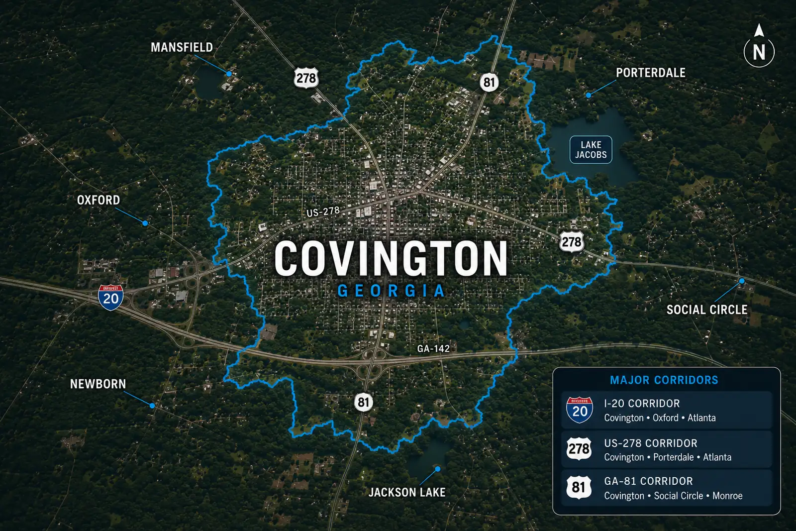 Municipal boundary map showing Covington, Georgia with I-20, US-278, GA-81, and surrounding communities.