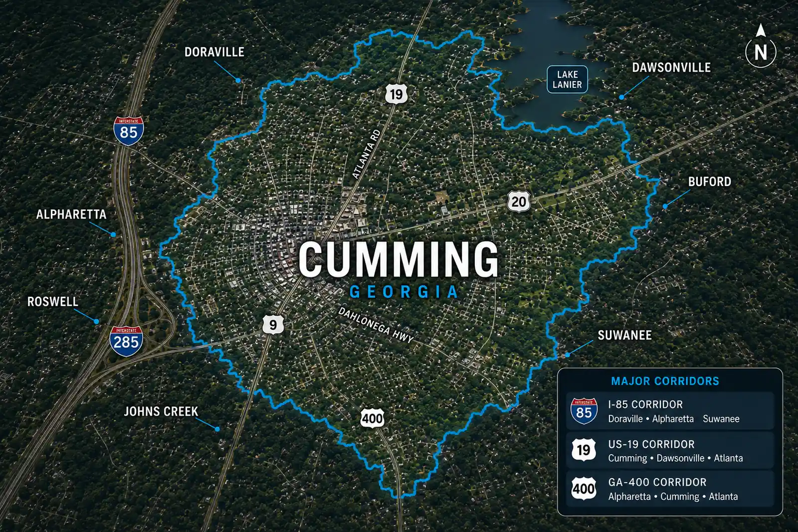 Map showing Cumming city limits with major highways, nearby communities, and Lake Lanier.
